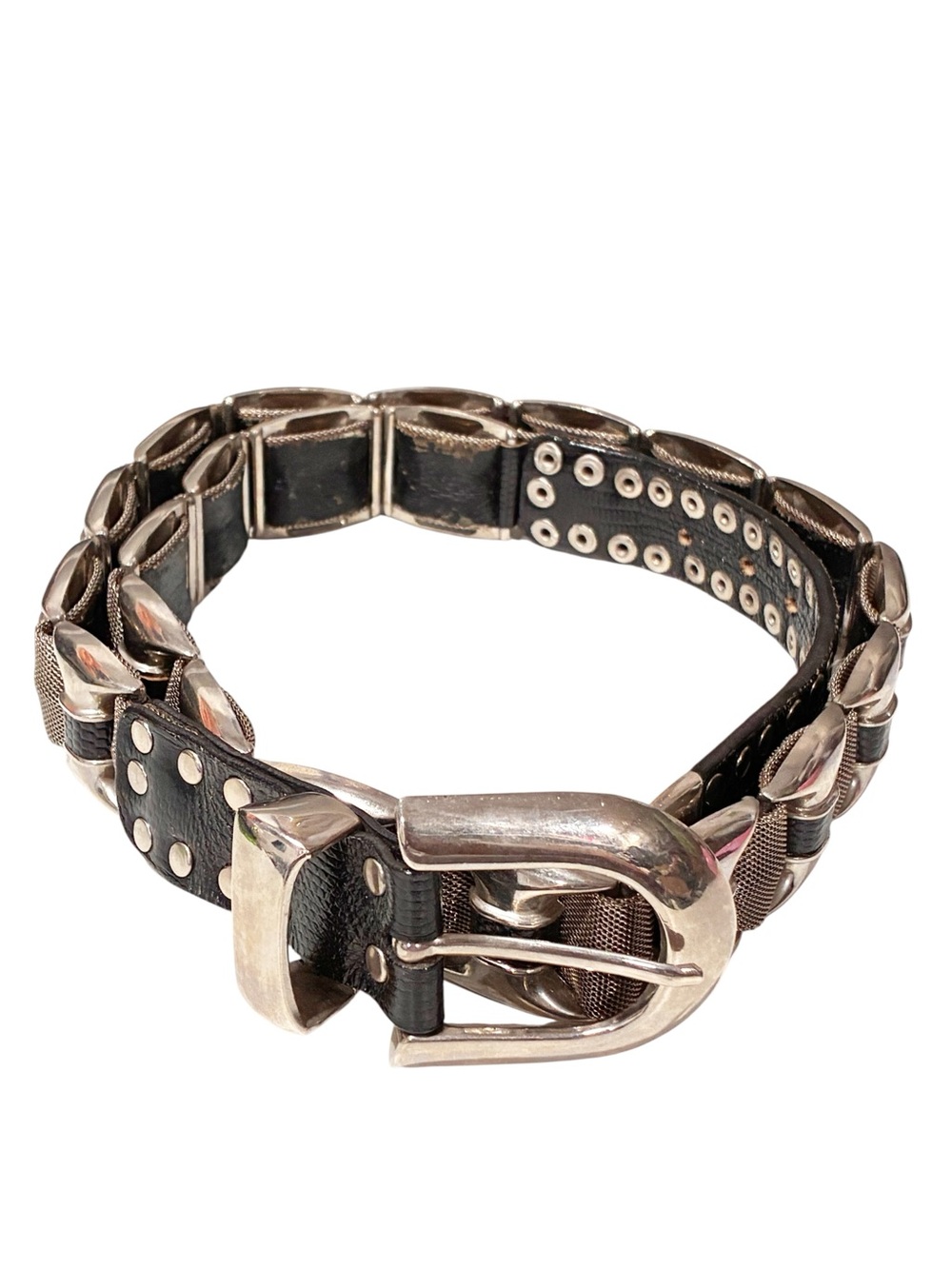 Genuine Leather Black Metal Silver Accent Screens Grommet Belt